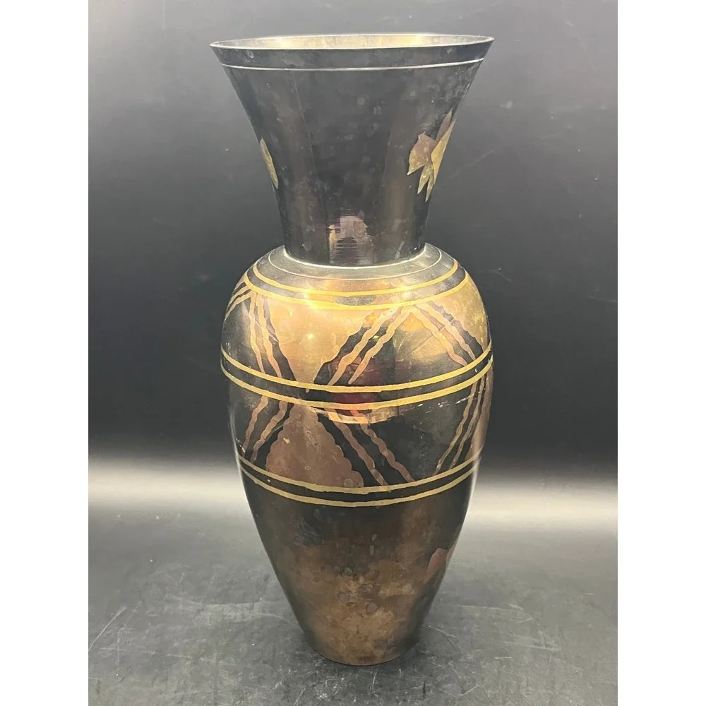 Vtg Solid Brass Black Etched Floral Geometric Vase Art Deco Style Decorative 10